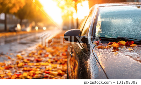 Car parked on a wet street covered with colorful autumn leaves, illuminated by warm sunlight, creating a serene fall atmosphere with reflections 131208392