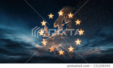 Sparkling stars forming a map of Europe against a dark night sky, creating a captivating visual representation of unity and connection 131208393