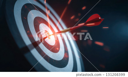 Red dart hitting the bullseye of a target, symbolizing accuracy and success in achieving goals and objectives in a competitive environment 131208399