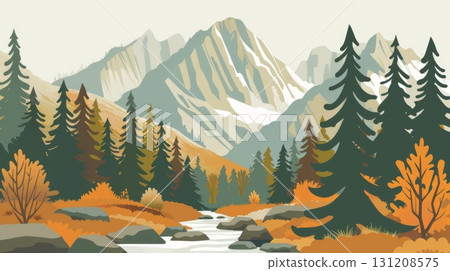 Majestic Mountain Landscape with River and Pine Forest Vector Illustration in Nature Scenery 131208575