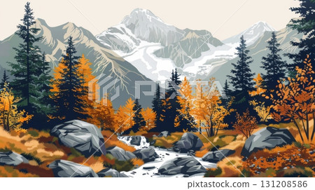 Majestic Mountain Landscape with River and Pine Forest Vector Illustration in Nature Scenery 131208586