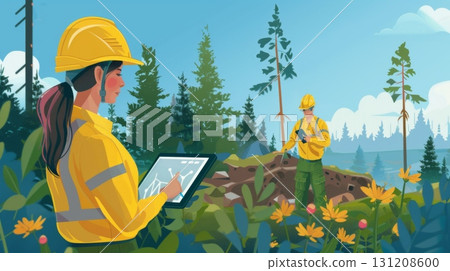 Young Asian woman in a yellow hard hat and gray work uniform using a tablet in a lush green forest. Natural light filters through the trees. 131208600