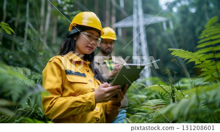 Young Asian woman in a yellow hard hat and gray work uniform using a tablet in a lush green forest. Natural light filters through the trees. 131208601