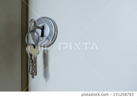 Bunch of keys left in the keyhole of flat door. Concept of security, access, safety. 131208783