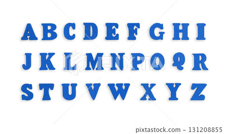 wooden letters of the English alphabet in blue color on a white background 131208855