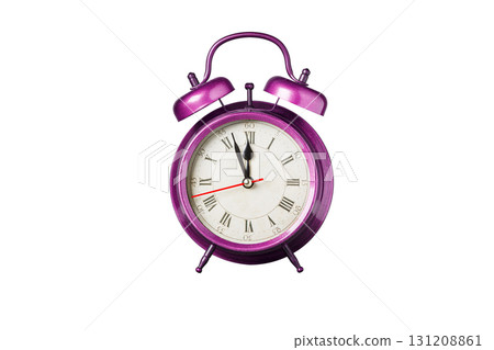 retro clock, pointer clock, pink color alarm clock on isolated white background 131208861