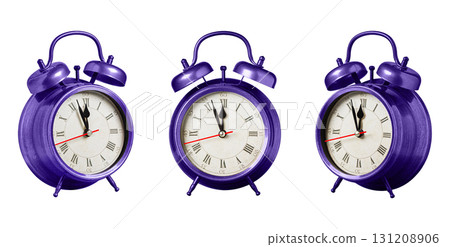 set collection retro clock, watch, pointer clock, Purple, violet color alarm clock on isolated white background set collection retro clock, watch, pointer clock, Purple, violet color alarm clock on isolated white background 131208906