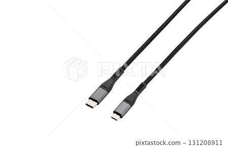 Black cable for charging and synchronization with Type - C, USB, Micro USB, Lightning connectors on a white background Black cable for charging and synchronization with Type - C, USB, Micro USB, Lightning connectors on a white background 131208911