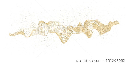 Dynamic golden waves with small particles. Golden curved dashed gradient net. Abstract stipple flow, shine undulate pattern. Vector holiday dotted flying particles Dynamic golden waves with small particles. Golden curved dashed gradient net. Abstract stipple flow, shine undulate pattern. Vector holiday dotted flying particles 131208962