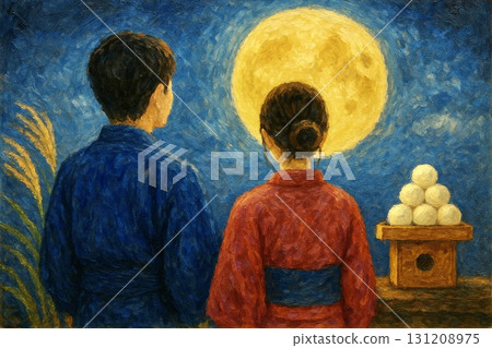 Moon-viewing image: Japanese pampas grass, full moon, moon-viewing dumplings, moon-viewing date, oil painting 131208975