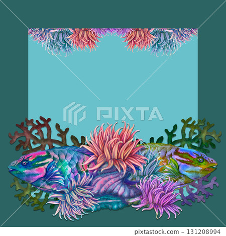 Watercolor square frame with a rainbow tropical parrotfish among vibrant corals, sea anemones, blue background. Template for sea designs, cards, stickers, scrapbooking, textiles, diving, snorkeling 131208994