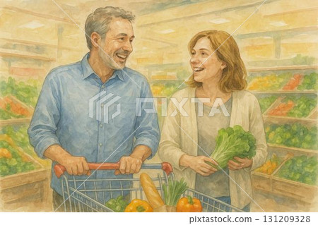 Couple shopping supermarket watercolor painting Couple shopping supermarket watercolor painting 131209328