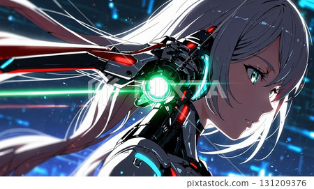 Set against the backdrop of a futuristic city, a beautiful silver-haired cyborg girl shows off her sharp profile with luminous mechanical armor and sparkling eyes. Set against the backdrop of a futuristic city, a beautiful silver-haired cyborg girl shows off her sharp profile with luminous mechanical armor and sparkling eyes. 131209376