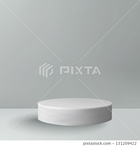 An elegant gray-blue empty podium for product demonstration on a gray background. An elegant gray-blue empty podium for product demonstration on a gray background. 131209422