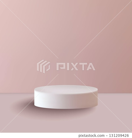 A minimalistic white podium for product display on a pastel-pink background. 131209426