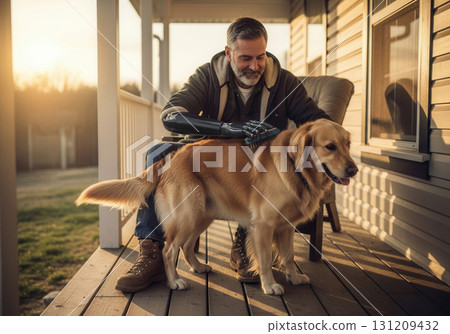 Man with Prosthetic Arm Pets Golden Retriever Man with Prosthetic Arm Pets Golden Retriever 131209432