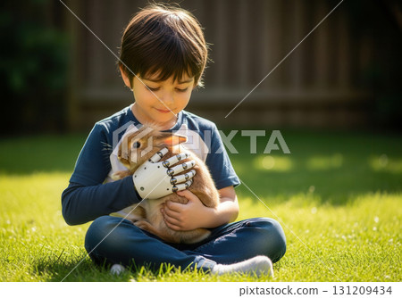 Boy with smart prosthetic hand enjoys time cuddling rabbit in a sunlit backyard 131209434