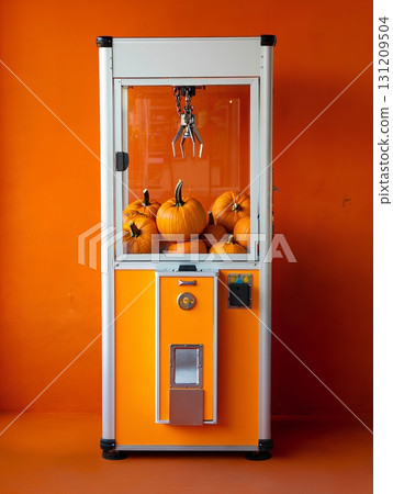 Arcade claw machine filled with ripe orange pumpkins, whimsical autumn harvest game concept isolated on orange background 131209504