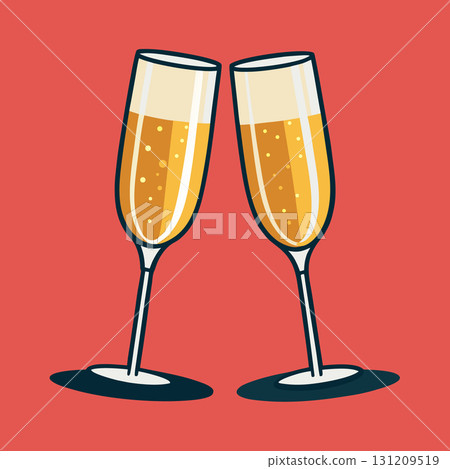 Champagne glass pair. Wedding or new year toast with sparkling drink. Flat retro vector illustration 131209519
