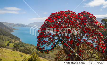 A flowering tree decorated for the holiday against the backdrop of a mountain lake A flowering tree decorated for the holiday against the backdrop of a mountain lake 131209565