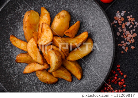 Grilled potato wedges with rosemary, cheese, salt and spices. Baked potato slices 131209817