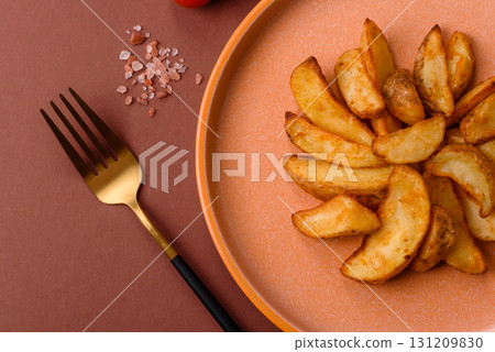 Grilled potato wedges with rosemary, cheese, salt and spices. Baked potato slices 131209830