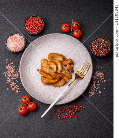 Grilled potato wedges with rosemary, cheese, salt and spices. Baked potato slices Grilled potato wedges with rosemary, cheese, salt and spices. Baked potato slices 131209848