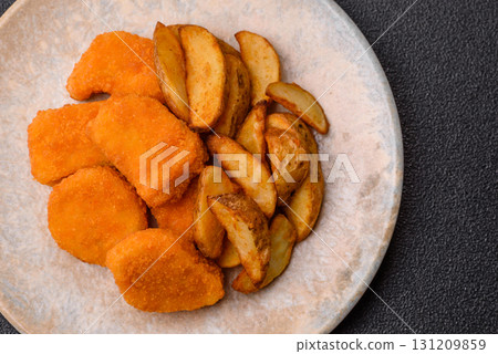Crispy chicken nuggets, meat takeaway meal with salt. Chicken nuggets, fast food 131209859