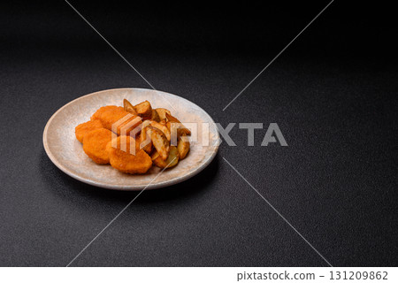 Crispy chicken nuggets, meat takeaway meal with salt. Chicken nuggets, fast food 131209862