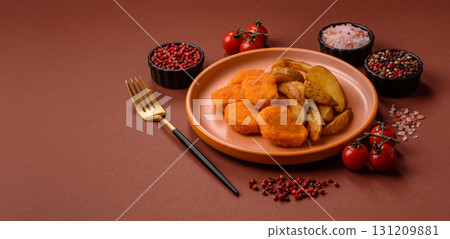 Crispy chicken nuggets, meat takeaway meal with salt. Chicken nuggets, fast food 131209881