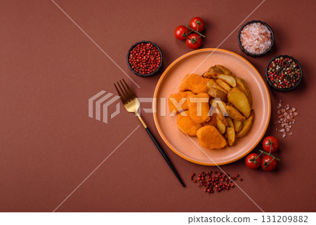 Crispy chicken nuggets, meat takeaway meal with salt. Chicken nuggets, fast food 131209882