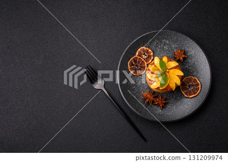 Sweet round pie or tart with apples and peach. Mini sweet tart 131209974