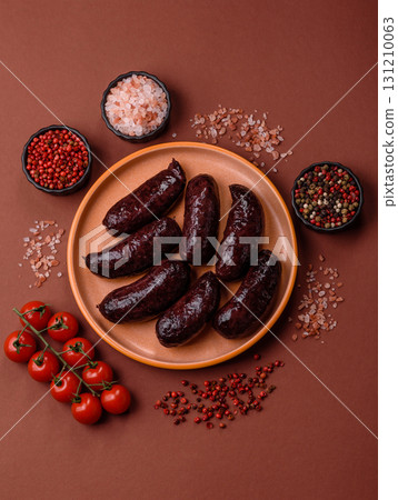 Blood sausage, pudding, meat food with lard and spices. Blood sausage 131210063