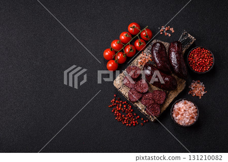 Blood sausage, pudding, meat food with lard and spices. Blood sausage Blood sausage, pudding, meat food with lard and spices. Blood sausage 131210082