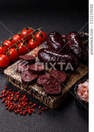 Blood sausage, pudding, meat food with lard and spices. Blood sausage 131210088