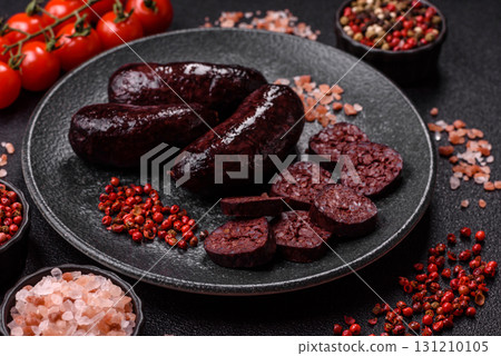 Blood sausage, pudding, meat food with lard and spices. Blood sausage Blood sausage, pudding, meat food with lard and spices. Blood sausage 131210105
