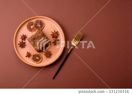 Chocolate brownie cake, food, sweet dessert with nuts rectangular shape. Sweet chocolate brownie 131210316