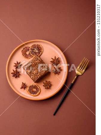 Chocolate brownie cake, food, sweet dessert with nuts rectangular shape. Sweet chocolate brownie 131210317