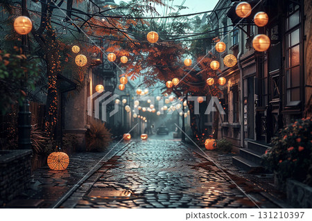Halloween cityscape night lantern and pumpkin decoration background illustration 131210397