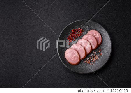 Sliced ham, meat, pork or turkey sausage for sandwiches. Ham slices, food 131210493