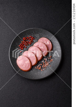 Sliced ham, meat, pork or turkey sausage for sandwiches. Ham slices, food 131210494