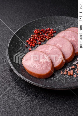 Sliced ham, meat, pork or turkey sausage for sandwiches. Ham slices, food 131210498