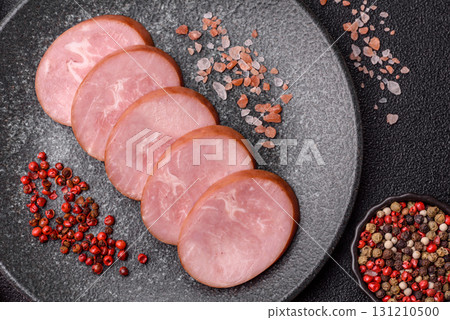Sliced ham, meat, pork or turkey sausage for sandwiches. Ham slices, food 131210500