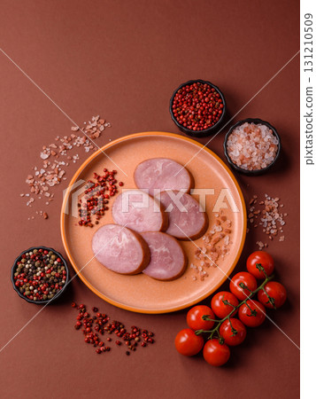Sliced ham, meat, pork or turkey sausage for sandwiches. Ham slices, food Sliced ham, meat, pork or turkey sausage for sandwiches. Ham slices, food 131210509