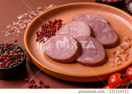 Sliced ham, meat, pork or turkey sausage for sandwiches. Ham slices, food 131210511