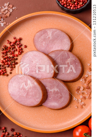 Sliced ham, meat, pork or turkey sausage for sandwiches. Ham slices, food Sliced ham, meat, pork or turkey sausage for sandwiches. Ham slices, food 131210513