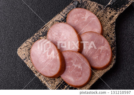 Sliced ham, meat, pork or turkey sausage for sandwiches. Ham slices, food Sliced ham, meat, pork or turkey sausage for sandwiches. Ham slices, food 131210597
