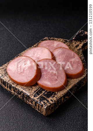 Sliced ham, meat, pork or turkey sausage for sandwiches. Ham slices, food Sliced ham, meat, pork or turkey sausage for sandwiches. Ham slices, food 131210599