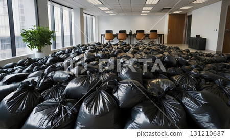A pile of black trash bags fills a modern office space. The concept of disorder, the company's environmental issues, and the lack of corporate culture and chaos 131210687