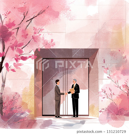 Spring illustration of a businessman greeting someone in front of a cherry blossom entrance Spring illustration of a businessman greeting someone in front of a cherry blossom entrance 131210729